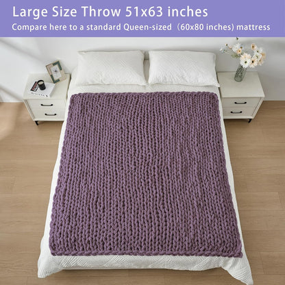 Bigacogo Chunky Knit Throw Blanket for Couch, 51x63 inches, 100% Hand Knitted with Thick Jumbo Chenille Yarn, Cozy Soft Large Rope Knot Cable Crochet Blankets for Sofa Bed Living Room, Winter Grape