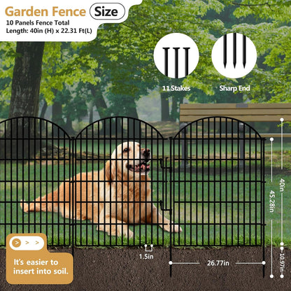 10 Panels Decorative Garden Fence with Lock, 40in (H) X 21.92ft (L) No Dig Dog Fences Outdoor for Yard, Rustproof Tall Animal Barrier Fencing, Metal Panels Suitable for Yards Border, Patio Use