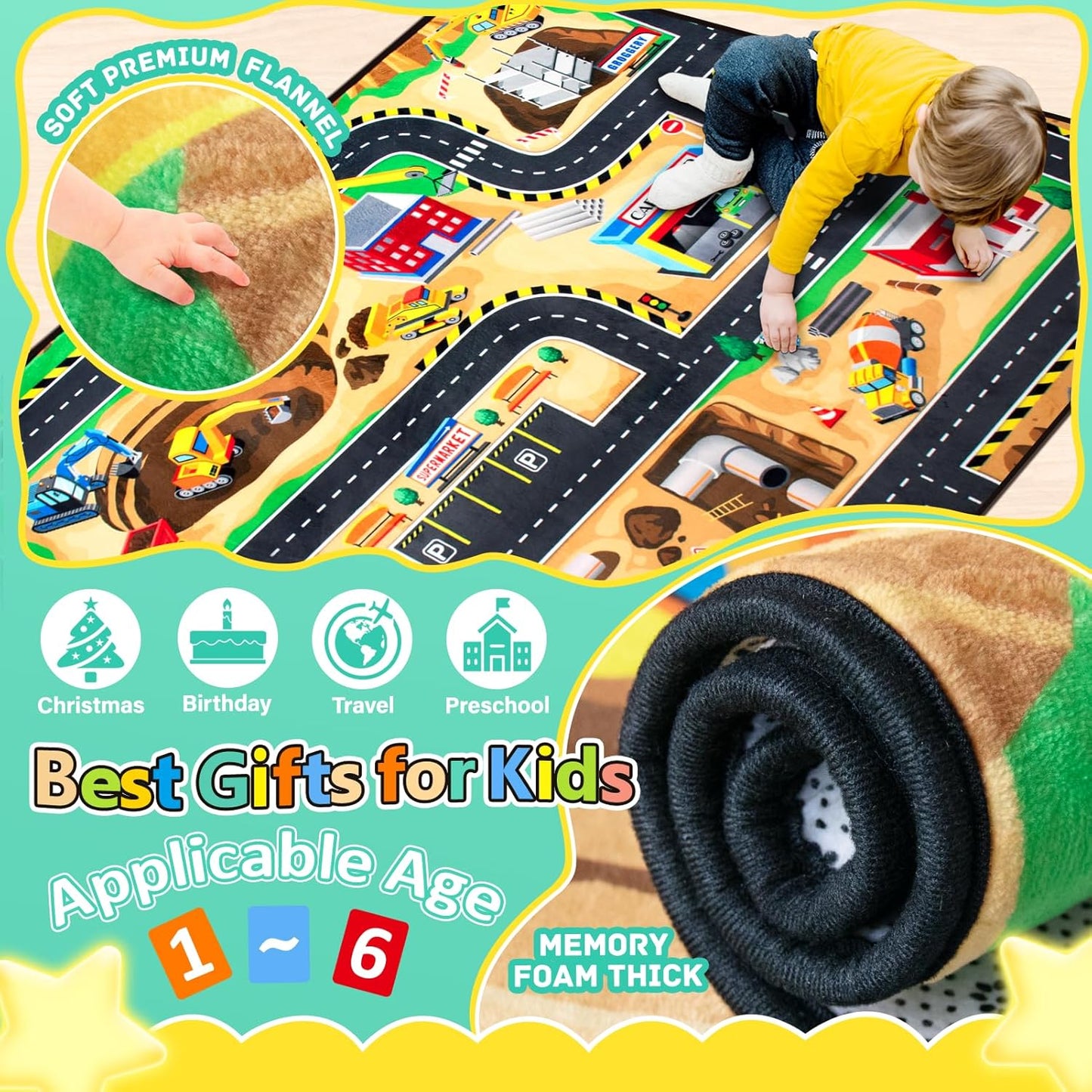 Kids 3x5 Ft Construction Site Play Rug, Baby Play Mat, Tufted Wool & Rubber, Non-Slip, Stain & Fade Resistant, Machine Washable, Rustic Cartoon Construction Site Pattern