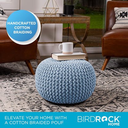 BIRDROCK HOME Round Pouf Ottoman | Cotton Braided Foot Stool with Bean Bag Filling | Boho Foot Rest for Living Room & Bedroom | Compact & Comfortable Seating, Lightweight & Soft | Soft Blue