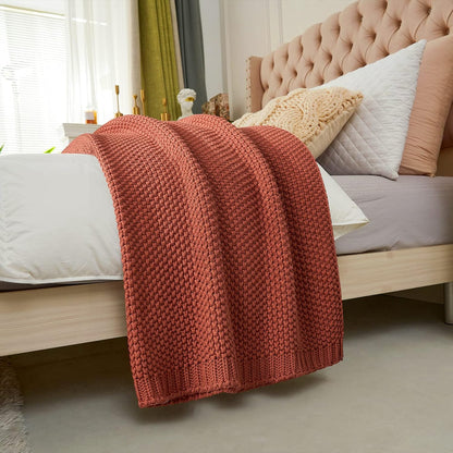 Longhui bedding Chunky Cable Knit Throw Blanket Lightweight Rust 100% Organic Cotton Blanket for Sofa Couch Bed Baby Nursery, Rustic Shabby Chic Modern Farmhouse, 51” x 63” Give Laundering Bag
