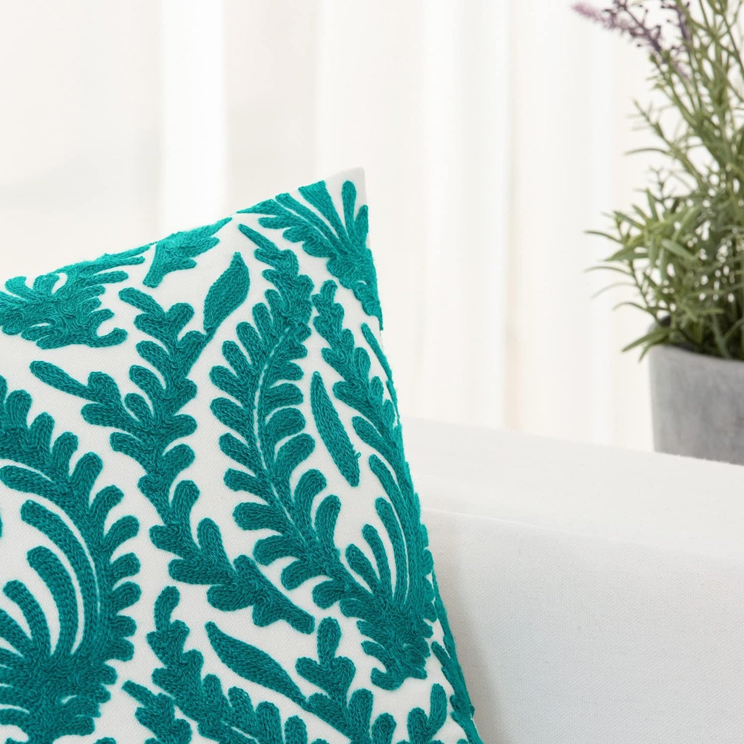 HWY 50 Teal Decorative Throw Pillow Covers 18x18 Inch (1 Piece), Embroidered Cotton Farmhouse Cushion Cover Pillow Case for Sofa Couch Living Room Bed Bedroon, Floral Branches