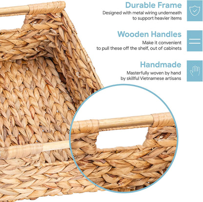 VATIMA Hyacinth Large Wicker Basket 15.5x10.8x6.2" - Rectangular, Wooden Handles, Shelf Organizer