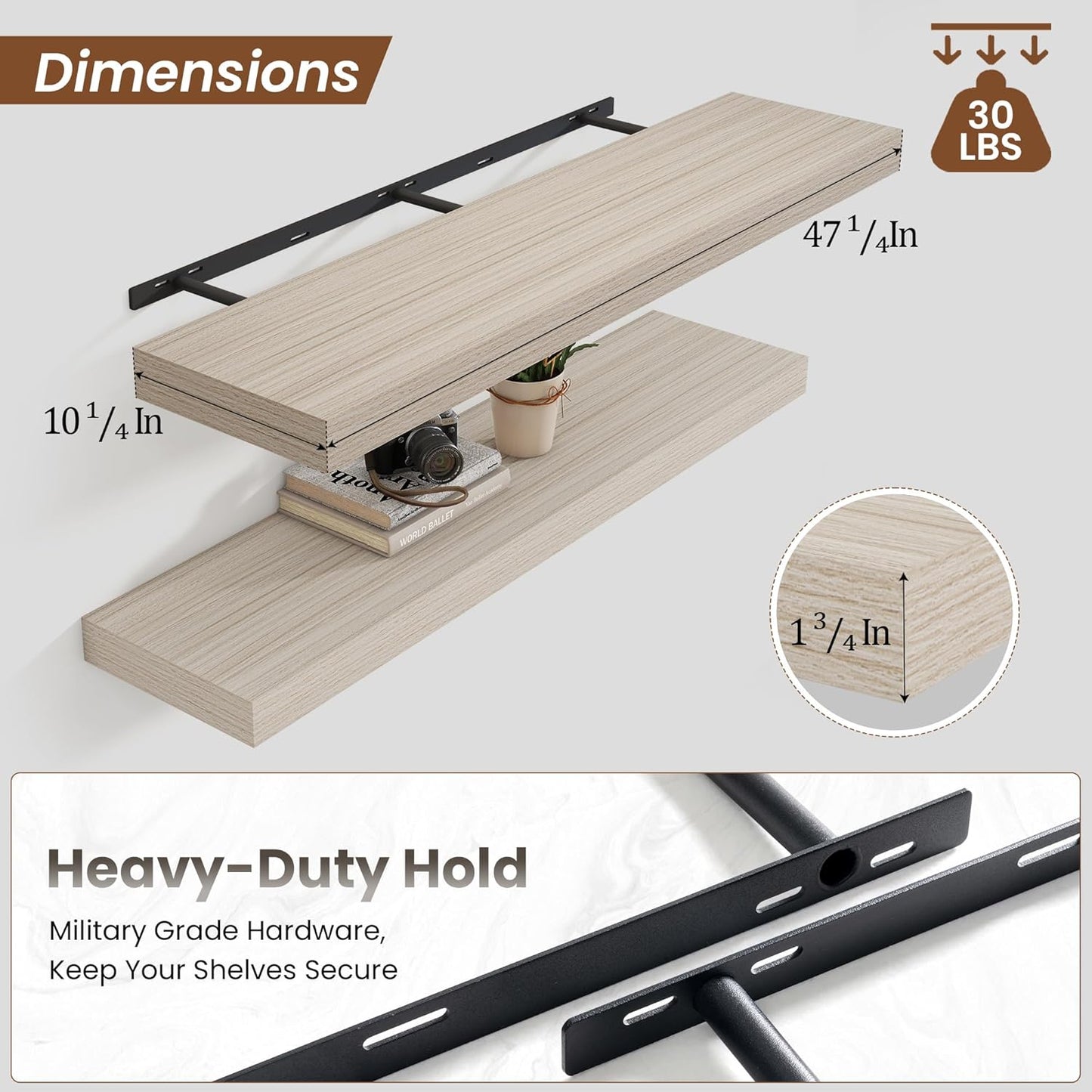 Heimlove 48" Floating Shelves for Wall,10 Grey Deep Rustic Wood Display & Storage Wall Shelves with Heavy Duty Brackets for Bathroom,Bedroom,Kitchen,Living Room,Office