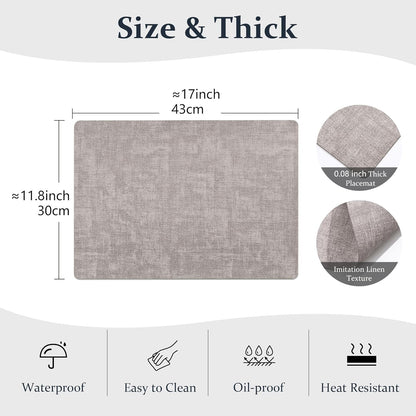 FROMHEART Faux Leather Placemats Set of 12–Waterproof,Heat/Oil Stain-Resistant PU Table Mat–Reversible,Non-Slip,Easy to Clean Place Mats for Kitchen,Dining,Indoor/Outdoor,(Light Grey,11.8" x 17")