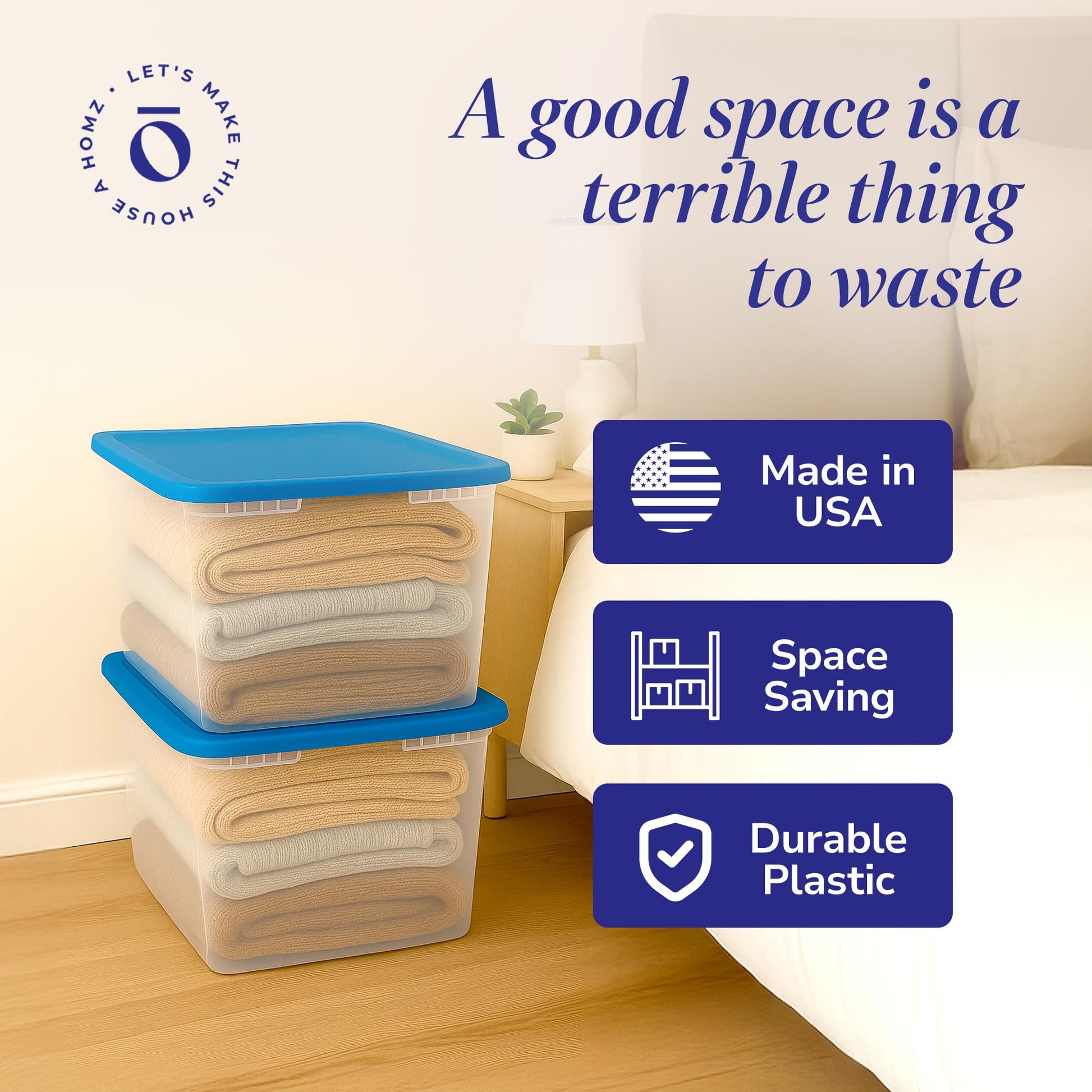 HOMZ 2-Pack Snaplock, Large Clear Plastic Storage Organizer Bins w/Lids, 56 Quart, Blue - Stackable