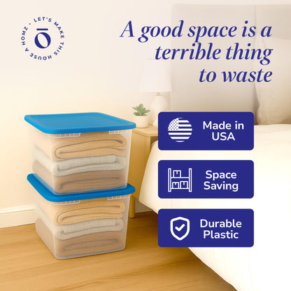 HOMZ 2-Pack Snaplock, Large Clear Plastic Storage Organizer Bins w/Lids, 56 Quart, Blue - Stackable