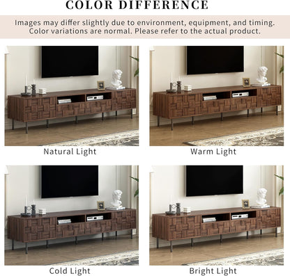 Modern TV Stand for TVs up to 85", Mid-Century Media Console with Checkered Cabinet Doors, Storage Drawers & Open Shelves, Wood Entertainment Center with Metal Legs