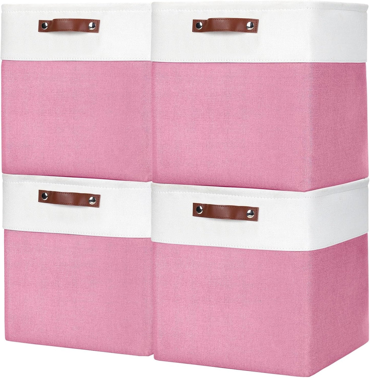 13x13 Cube Storage Bins, Collapsible Fabric Storage Box, 4 Pack Closet Baskets with Handles for Organizing, Shelf, Toys, Clothes, Home, Office, Nursery (Pink&White)