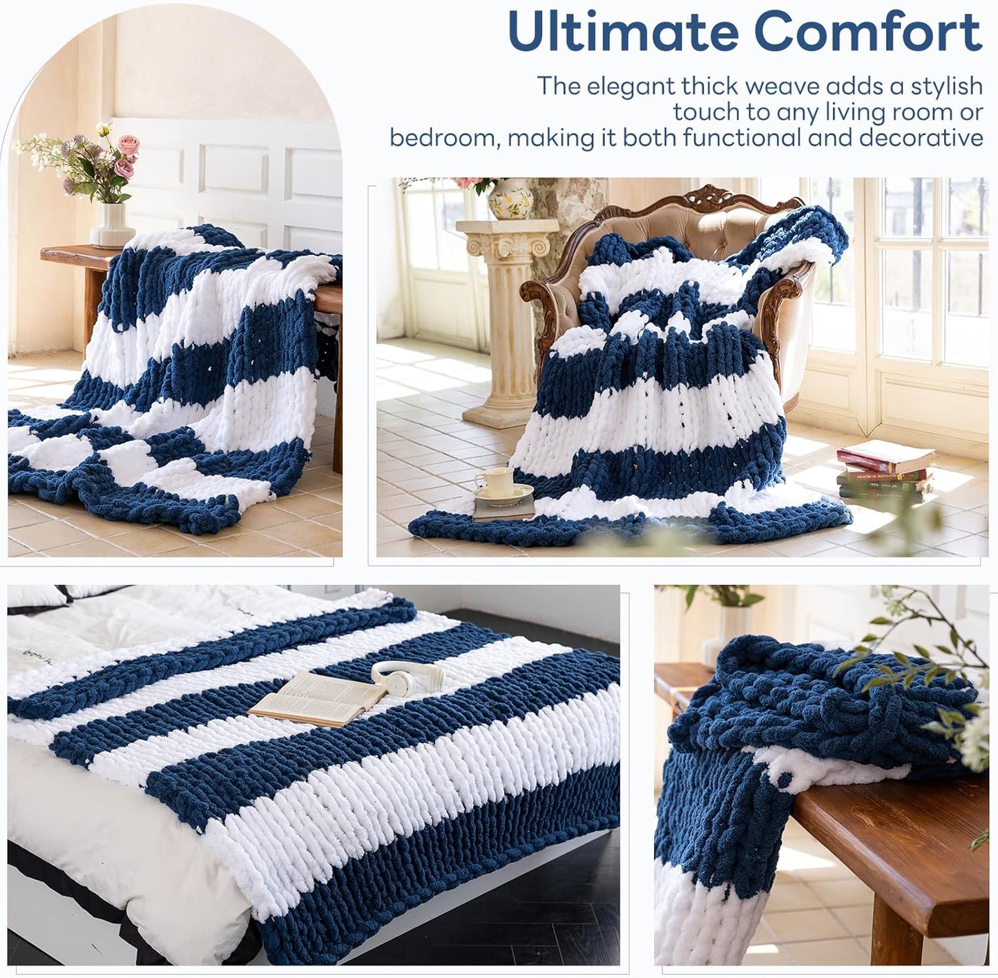 Chunky Knit Blanket - Luxury Soft Cozy 50 * 60 Throw Blanket,100% Woven Blanket Rope Knot Throw Blanket for Couch, Sofa, Home Decor, Gift - Machine Washable（White/Deep Blue）