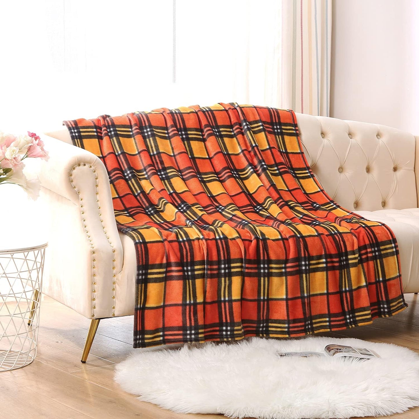 MERRYLIFE Throw Blanket for Couch Orange Plaid Chair Throw Blanket| Soft Decorative Ultra-Plush Colorful| Throw Size Travel Blanket Plush|(50" 60", Harvest Plaid)