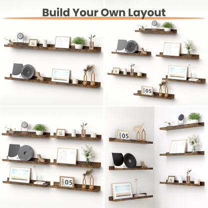 upsimples Floating Shelves for Wall, Wall Shelves for Decor Storage Set of 6, Wall Mounted Wood Shelf for Bedroom, Living Room, Bathroom, Kitchen, 23.6 inch Long Picture Ledge Shelf, Brown