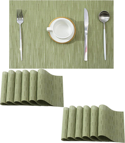 Leetaltree Pea Green Placemats Set of 12 - Heat Resistant Non-Slip Place mats for Dining Table, Washable Durable PVC Vinyl Woven Table Mats（Pea Green, 12）