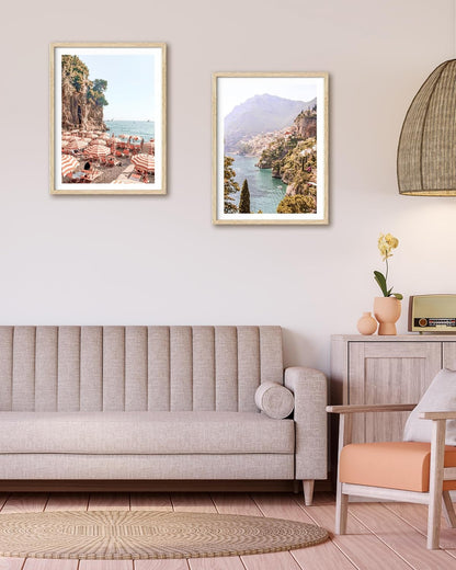 HesenDot Natural OAK Wood Framed Italy Coastal Wall Art,12x16in Amalfi Coast Canvas Wall Print,Positano Seascape Boho Poster Wall Decor for Living Room,Bedroom,Office Gallery Set of 1