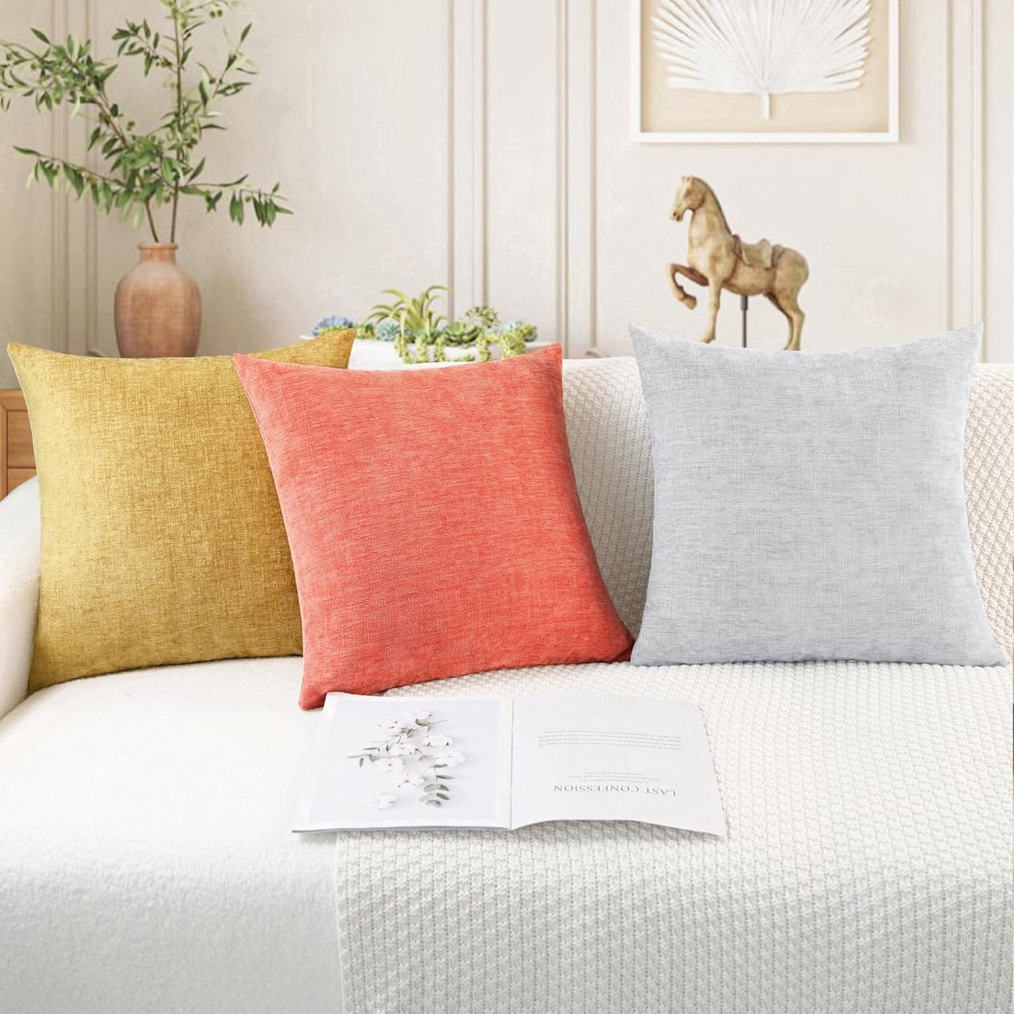 CaliTime Throw Pillow Covers Decorative 18 X 18 Inches Pack of 2 Cozy Chenille Cushion Cases for Couch Sofa Bed Living Room Home Living Coral