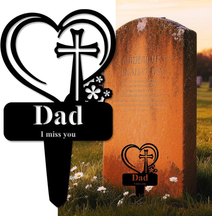 Dad Memorial Grave Stake, Cemetery Decorations for Grave Markers 12.5 x 7.2 inch Heart Metal Sympathy Stakes Graveside Plaque Decor Sign for Father Graves, Yard, Garden - Black-Dad