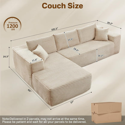 104" Cloud Sectional Couches for Living Room,L Shaped Boneless Couch in A Box,Sleeper Sofa with Comfy Chaise No Assembly Required,Beige