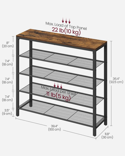 VASAGLE Shoe Rack, 5-Tier Shoe Storage Organizer with 4 Metal Mesh Shelves for 16-20 Pairs and