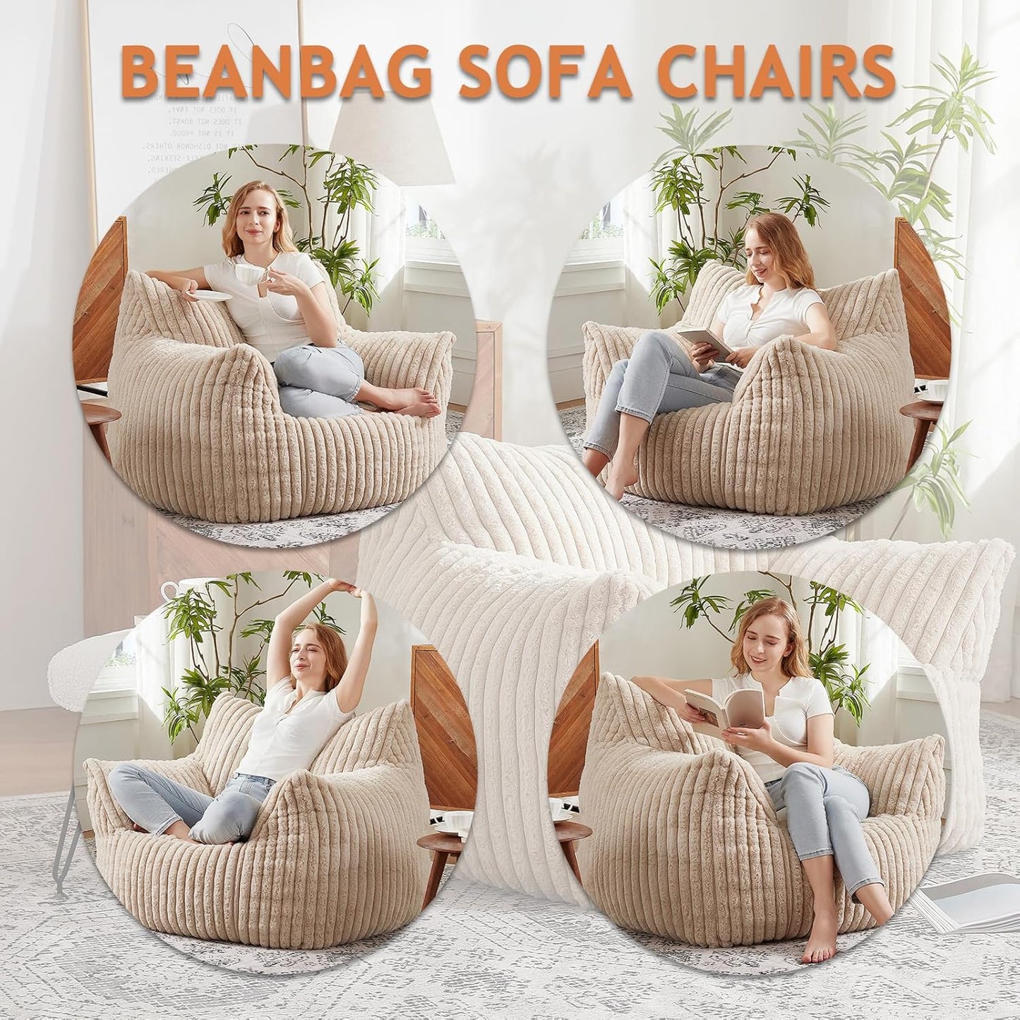 Giant Bean Bag Chairs for Adults with Filling Plush Fluffy Bean Bag Chairs for Teens with Armrests Comfy BeanBag Lazy Couch Sofa Chair for Bedroom Living Room Reading