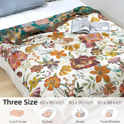 Boho Throw Blanket for Bed - 100% Pure Cotton Ultra Soft Rustic Quilt - Farmhouse Decor Bed Blankets, All Season Rustic Throw for Sofa Couch Chair(60"×80", Floral Blossom)