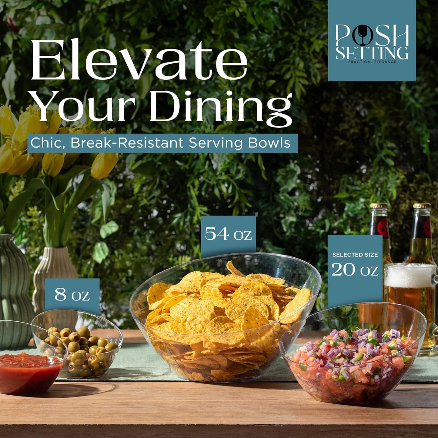 Posh Setting Crystal Clear, Disposable Premium Hard Plastic Medium Angled Bowl, Party, Salad, Snack and Fruit Bowl 5 Pack