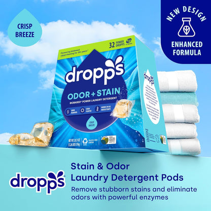 Dropps Odor & Stain Biobased Power Laundry Detergent Pods, Crisp Breeze (32 Pods) - HE Compatible Laundry Pods for Fresh Clothes - Laundry Soap Supplies & Recyclable Paperboard Packaging