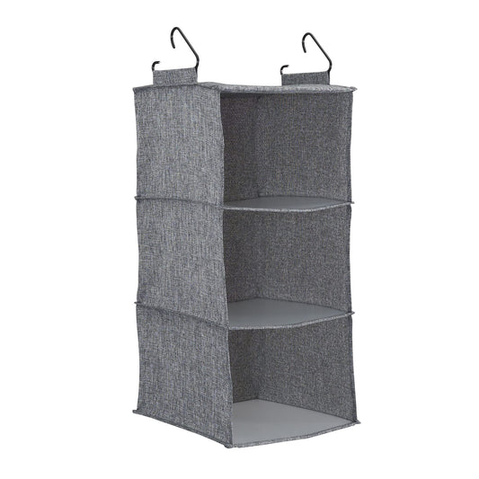 Household Essentials 3‑Shelf Hanging Closet Organizer with Hooks in Poly Linen and PEVA Shelving