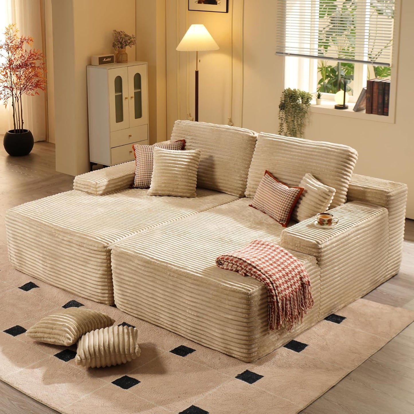 ovios 81" Oversized Sectional Double Lounge Chaise with Cloud Plush Sofa Bed, No Assembly Required, Fluffy Modern Sleeper Loveseat Chair for Indoor Living Room Bedroom Reading, Beige (Plush Fabric)