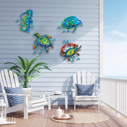Metal Ocean Beach Theme Wall Decor Art, Set of 4 Sea Turtle Seahorse Crab Tropical Fish Indoor Bathroom Décor, 11 Inch Deep Blue Sea Wall Christmas Decoration, Metal Outdoor Yard Art Decorations