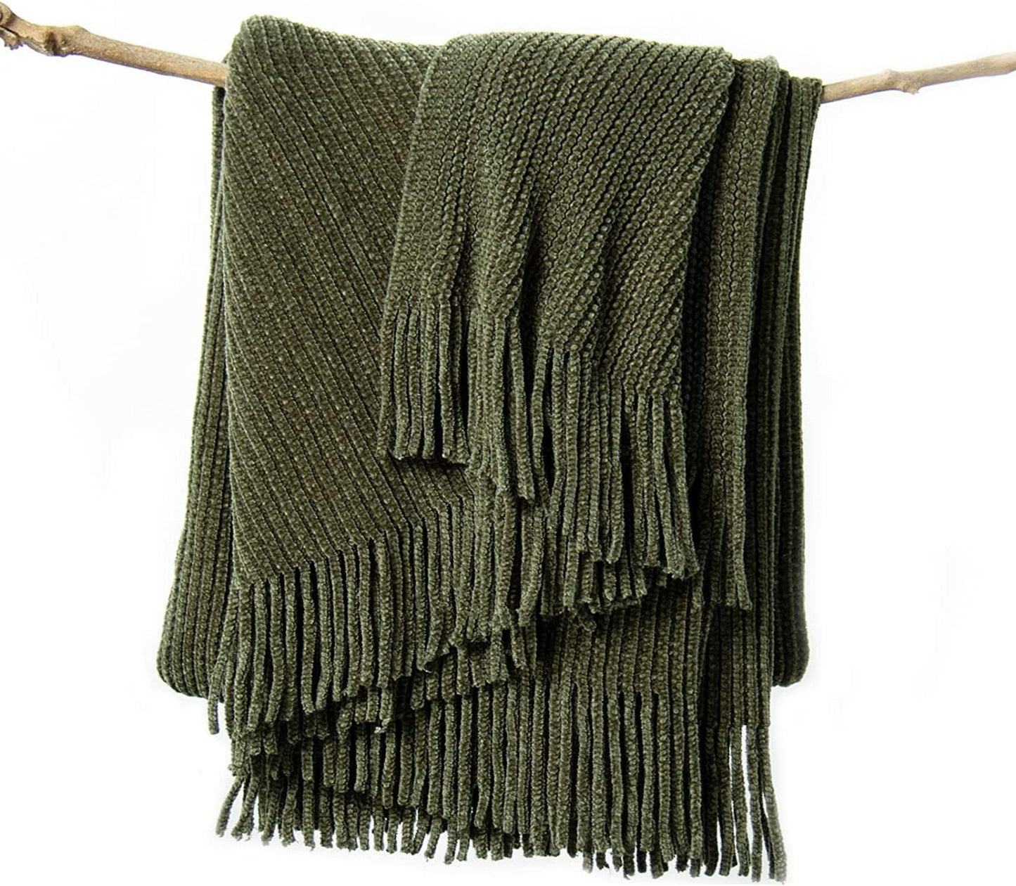 lifein Throw Blanket for Couch, Soft Green Boho Decor Bed Throw,Cozy Knitted Chenille Farmhouse Lightweight Throw for Spring(Olive Green,60 * 80")