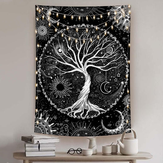 Lunerfex Tree of Life Tapestry Black and White Tapestry Mystical Sun and Moon Tapestries for