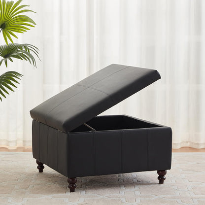 HUIMO Square Leather Storage Ottoman, Black Tufted Large Ottoman for Living Room, Coffee Table with Storage(Black)