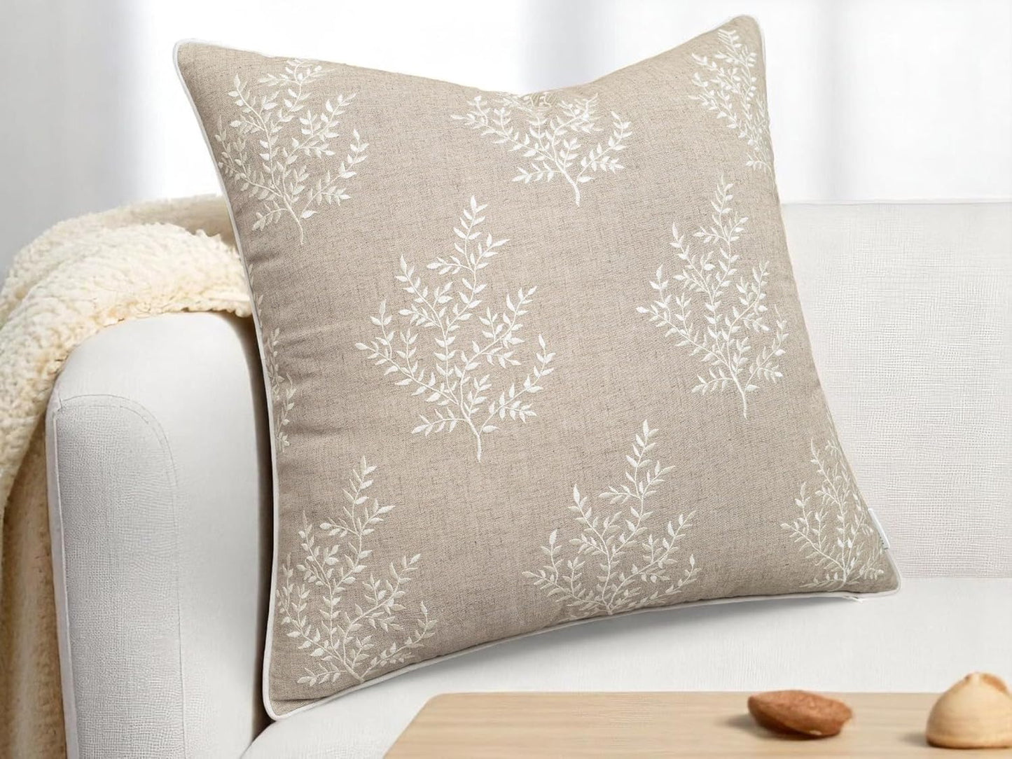 VAGMINE Embroidered Leaves Throw Pillow Cover - 20x20 Inches Square - 100% Linen Natural Throw Pillowcase - Elegant Neutral Leaf Design - Minimalist Rustic Home Accent for Sofa, Bed, Couch, Lounge