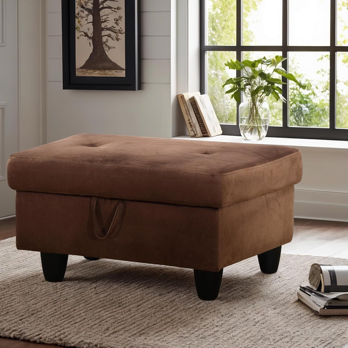 Ottoman Rectangular Storage Ottoman Bench, Flannel Footrest Stool Footstool with Lid for Living Room, Bedroom, Entryway, Chocolate, 28.5"x19"x17.5"