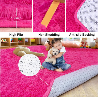 Rezutan Soft Fluffy Rug for Living Room Bedroom, Large Comfy Modern Shaggy Fuzzy Kids, Plush Indoor Nursery Classroom Home Decor Bedside Rug with Non-Slip Bottom, Hot Pink, 5X7 Feet