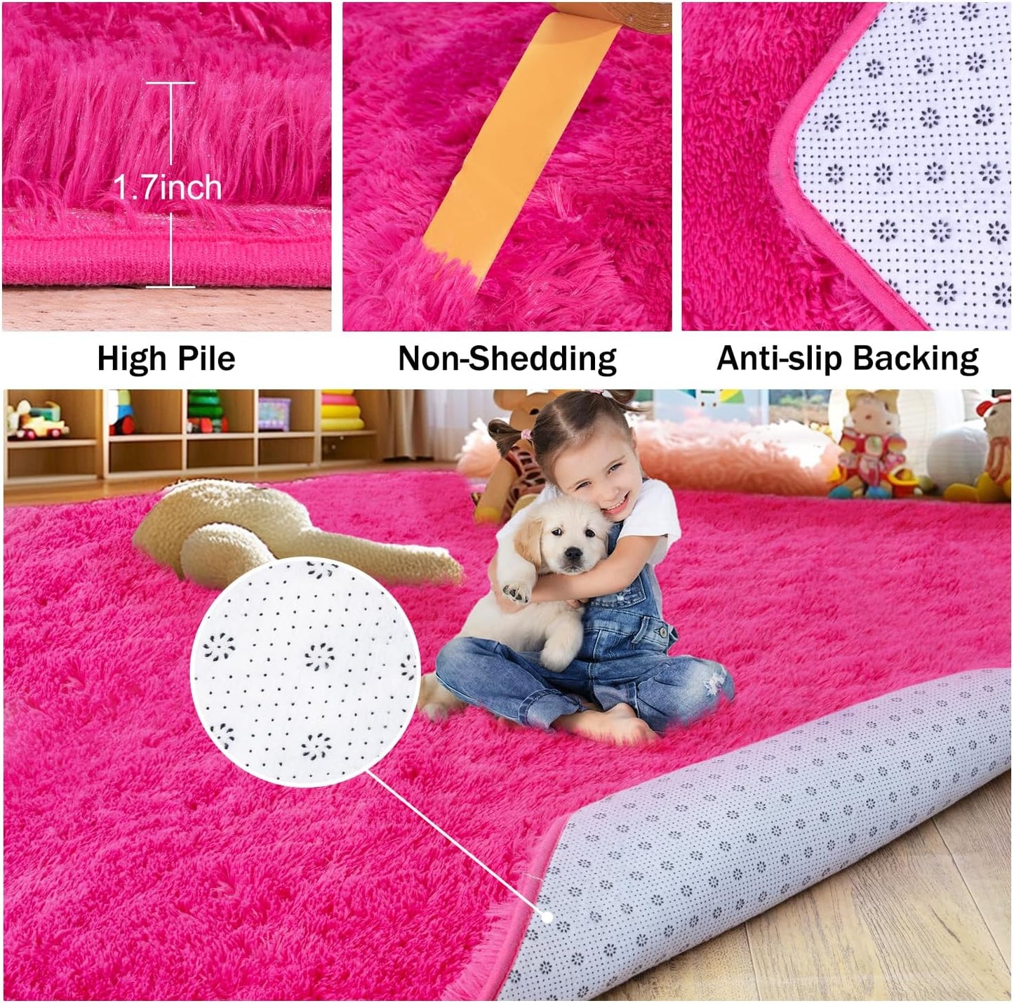 Rezutan Ultra Soft Fluffy Hot Pink Rugs,2x6 Feet Fluffy Shag Area Rugs for Living Room, Comfy Furry Rug for Girls Kids Baby Room Decor, Non Slip Nursery Modern Indoor Fuzzy Floor Bedside Carpet