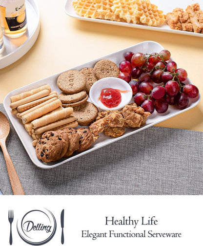 DELLING Large Serving Platter Set 12in White Rectangular Serving Plates/Salad Dish - Big Serving Trays for Parties Meat, Sushi, Dinner Plate Oven Safe Dinnerware Set of 3