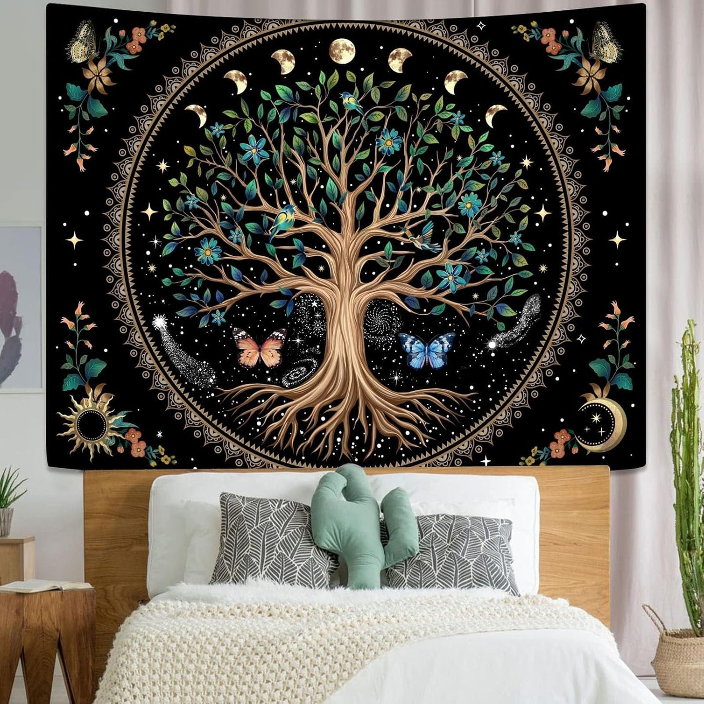 Lunerfex Tree of Life Tapastry Sun and Moon Tapastry Flower Boho Tree Mandala Wall Hanging for Bedroom and Living Room Decor Green Tree 60×80 Inches