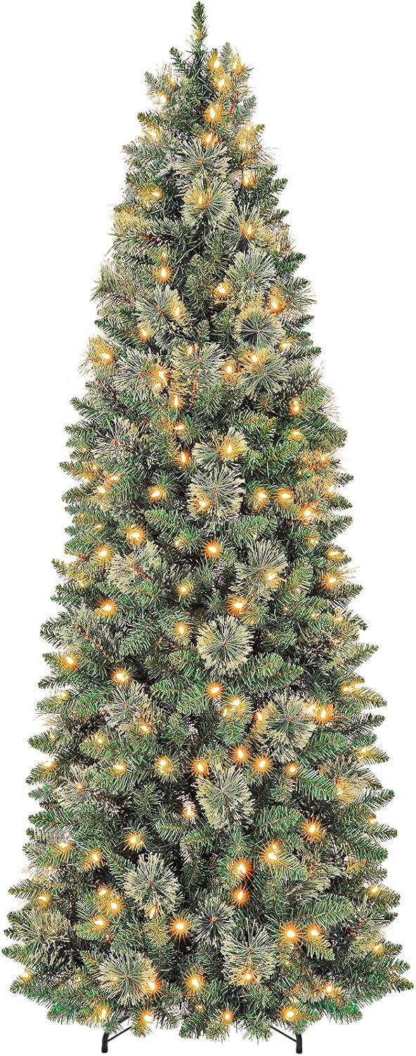 Hykolity 7.5ft Artificial Pre-lit Pencil Christmas Tree, Slim Christmas Tree with 300 Warm White LED Lights, 792 PVC Tips, Foldable Metal Stand and Hinged Branches