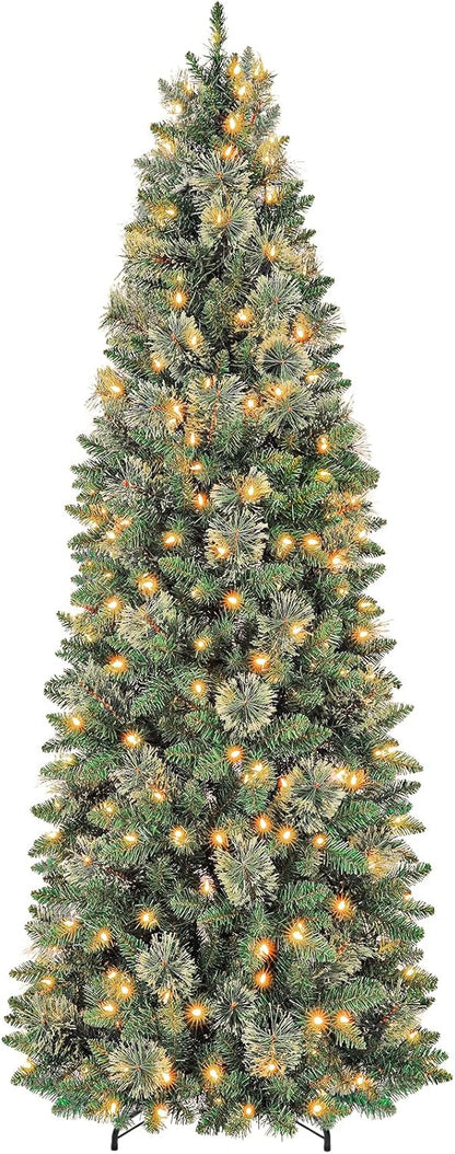 Hykolity 7.5ft Artificial Pre-lit Pencil Christmas Tree, Slim Christmas Tree with 300 Warm White LED Lights, 792 PVC Tips, Foldable Metal Stand and Hinged Branches