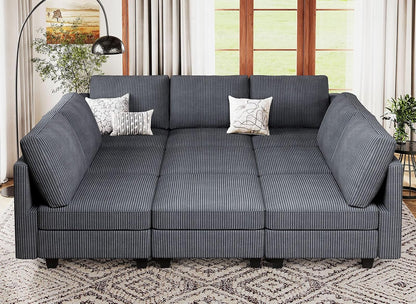 Belffin Corduroy Modular Sectional Sofa 9 Seat Convertible Sectional Sleeper Sofa Bed with Storage Ottomans Modular Sectional Couch Bed for Living Room Dark Grey