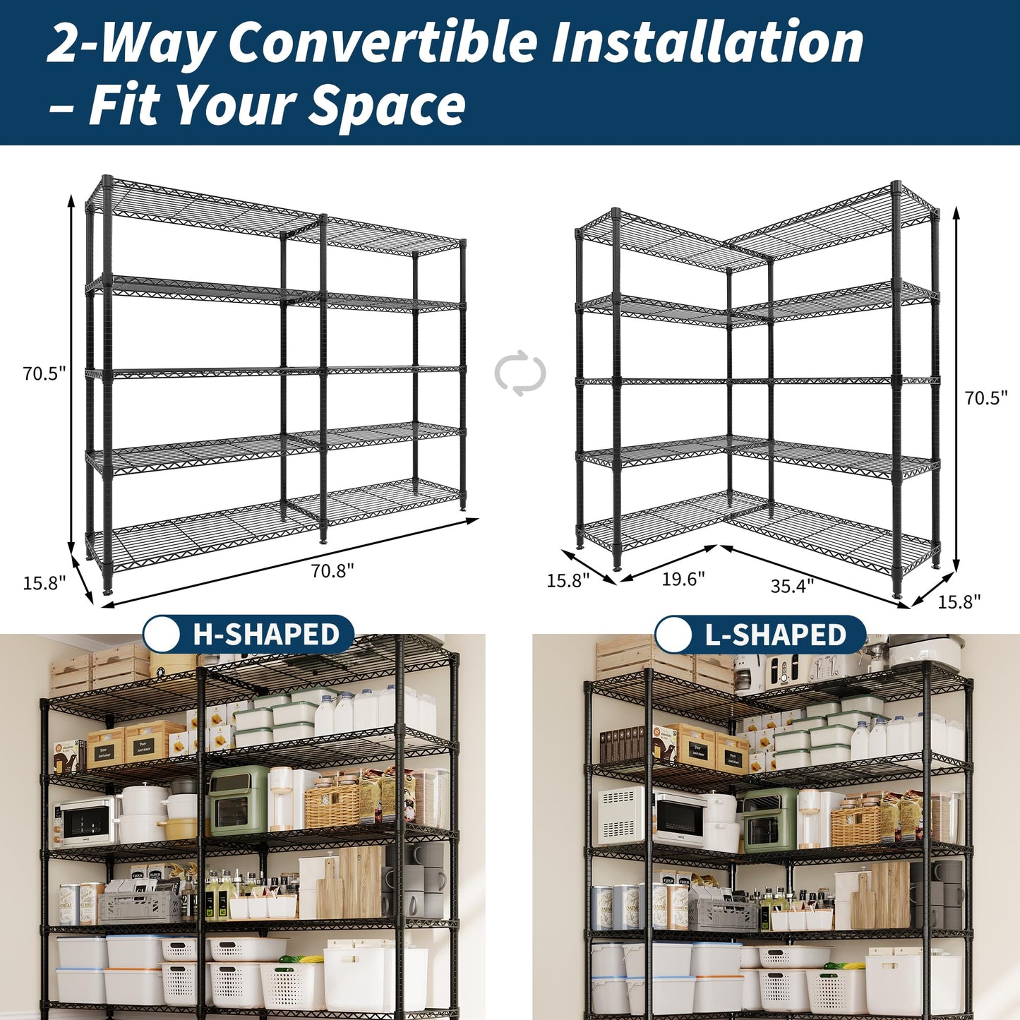 MilleLoom 5-Tier Metal Storage Shelves, Heavy Duty Wire Rack Shelving Unit for Garage Kitchen