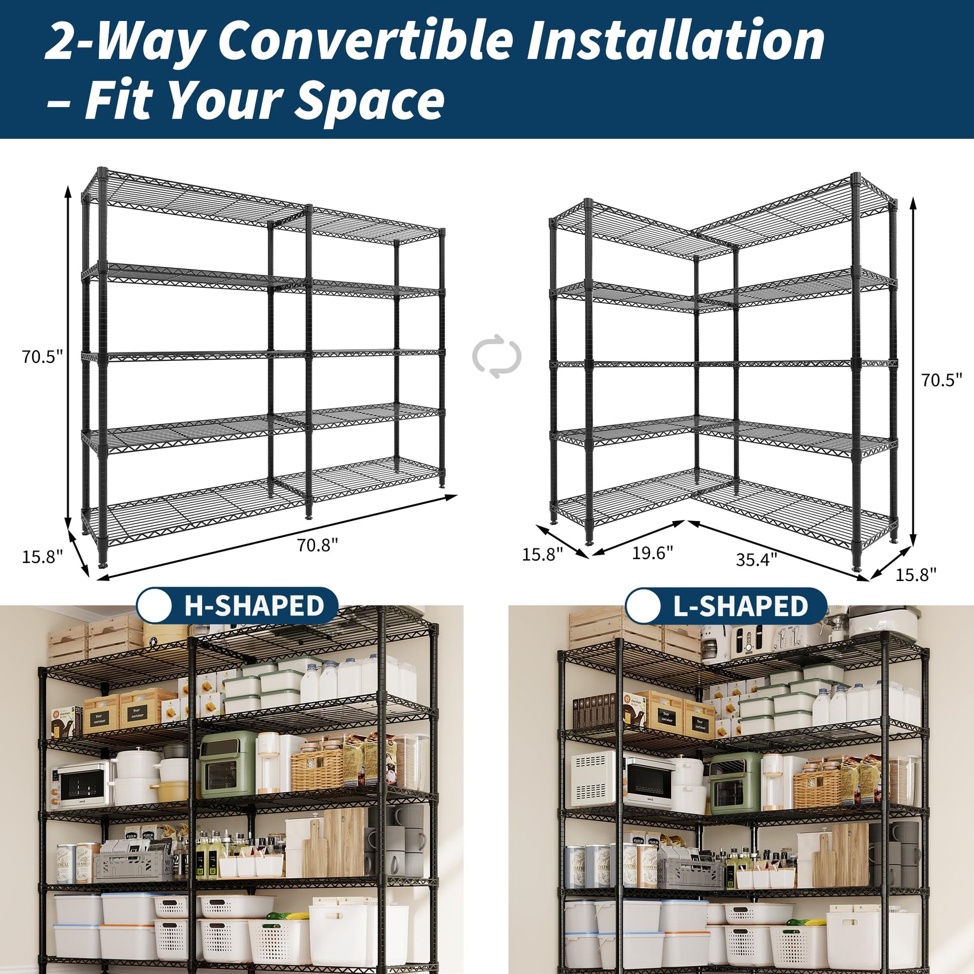 MilleLoom 5-Tier Metal Storage Shelves, Heavy Duty Wire Rack Shelving Unit for Garage Kitchen