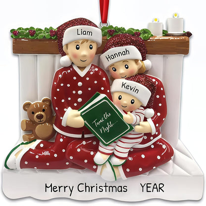 Fireplace Family of 3 Christmas Ornament 2025 Personalized Family Christmas Ornaments 2025 | Bedtime Reading w/Teddy Personalized Tree Ornaments Customizable Gifts Matching Pajamas of Three Ornament