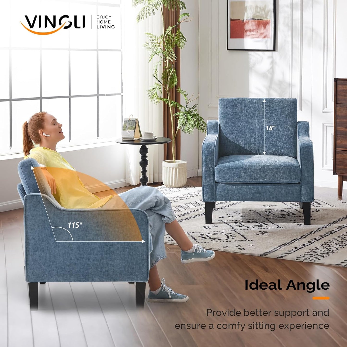 VINGLI Mid Century Modern Accent Chair Set of 2,Navy Blue Chenille Chairs for Living Room Upholstered Armchair with Scooped Arms for Bedroom,Apartment,Studio,Office,Waiting Room