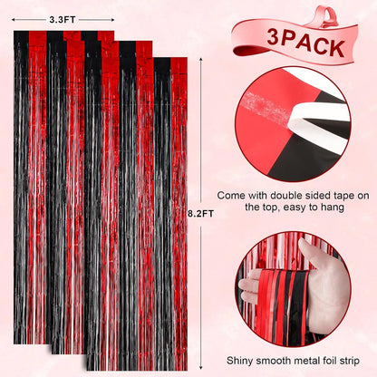 3 Pack 3.3x8.2 Feet Red and Black Foil Fringe Backdrop Curtains, Tinsel Streamers Birthday Party Decorations, Fringe Backdrop for Graduation, Casino, Red Carpet, Halloween Party