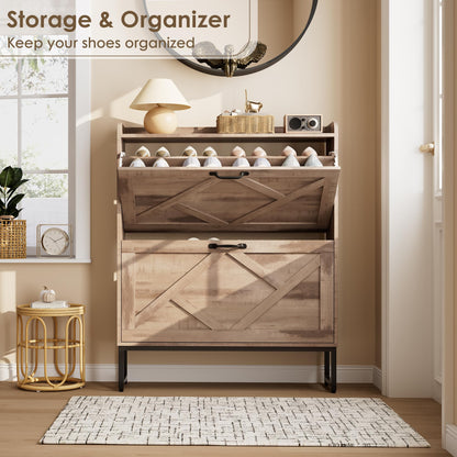 Nicetree Shoe Cabinet with 2 Flip Drawers，Freestanding Shoe Storage Cabinet, Narrow Shoe Organizer