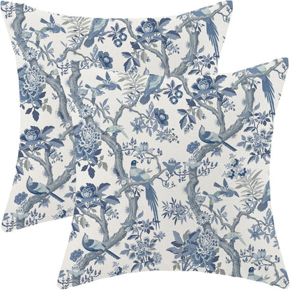 CXMEIFLY Spring Pillow Covers 18 x 18 Inch Set of 2 for Navy Blue Chinoiserie Flowers Bird Decor Throw Pillows Vintage Floral Plant Outdoor Decorative Cushion Cases for Couch Bed Decorations