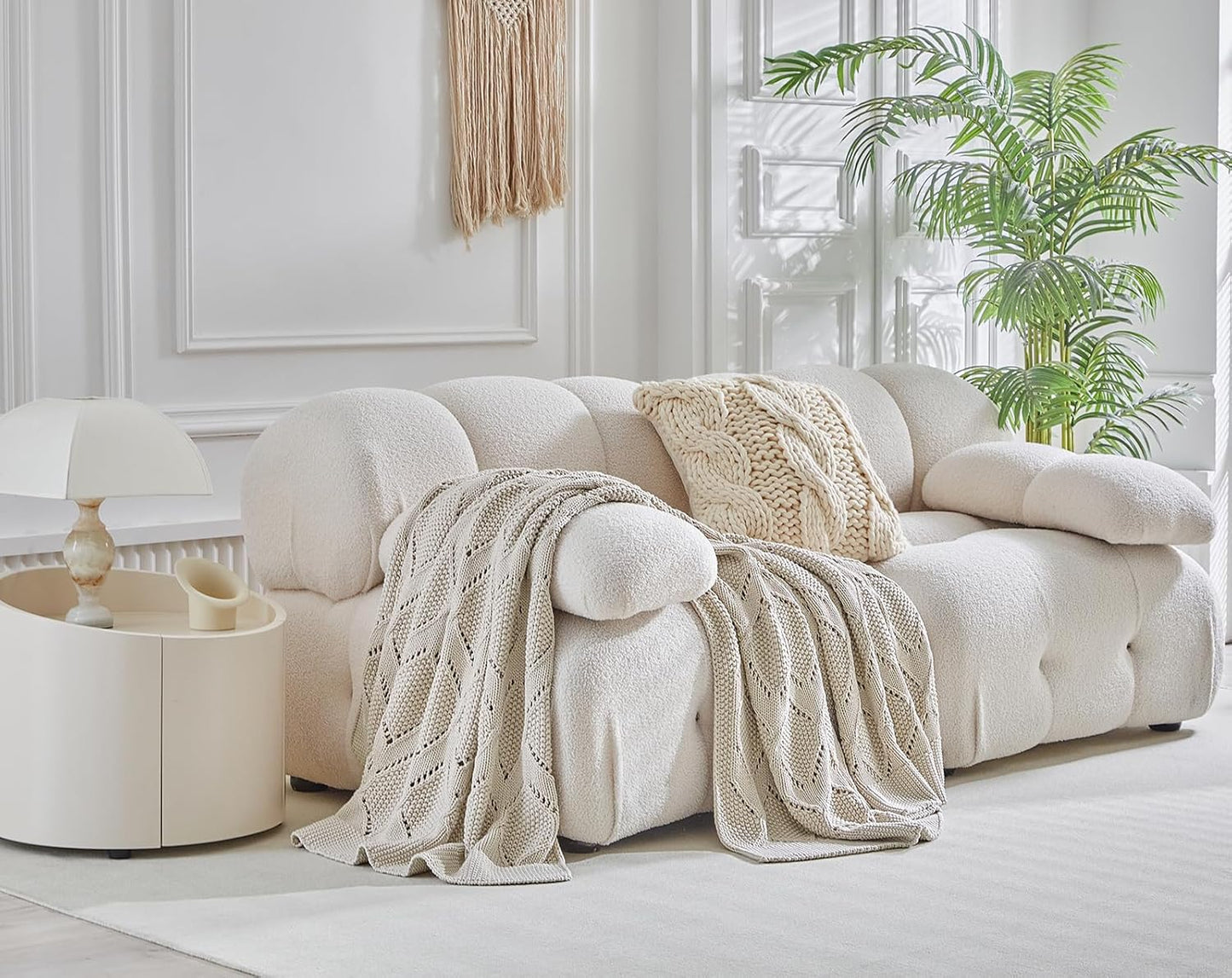 Longhui bedding Chunky Cotton Knit Throw Blanket for Couch, Sofa, Bed, or Chair, Decorative Breathable Fall Cable Knit Blanket 60 x 80 Inches, Large Medium Weight Beige