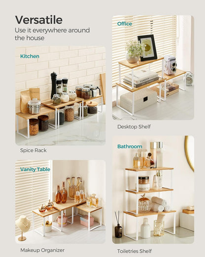 SONGMICS Cabinet Organizer Shelf, Set of 3 Kitchen Counter Shelves, Kitchen Storage, Spice Rack, Stackable, Expandable, Cloud White and Natural Beige UKCS014W01